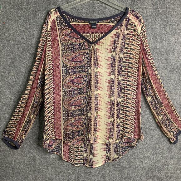Lucky Brand Semi Sheer Top Pull Over Dark Paisley Striped Scarf Print Hi Low - Picture 1 of 10